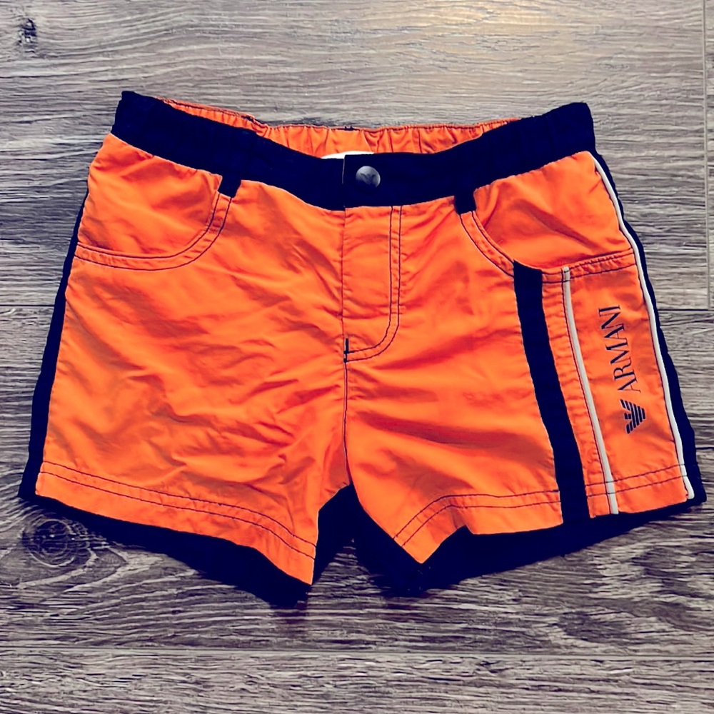 🧡 Armani Junior Swim Trunks, Boys 5-6, Orange & Navy